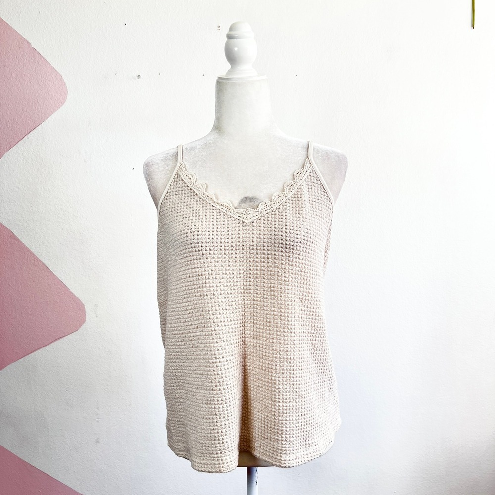 Waffle Knit Tank Top Lace Trim Boho Bohemian‎ Festival Casual Beach Medium